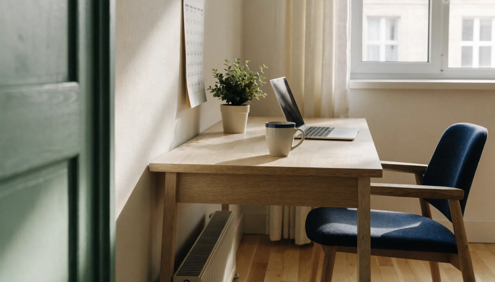 A calendar and laptop on a bright desk beside a window